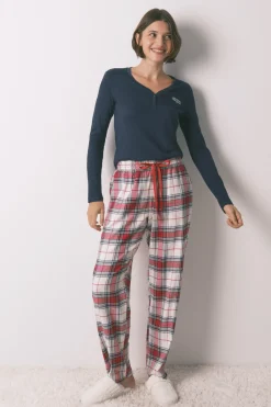 Pantal&oacute;n largo algod&oacute;n franela cuadros rojo