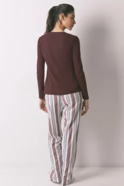 Pantal&oacute;n largo 100% algod&oacute;n estampado rayas granate
