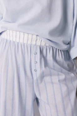 Pantal&oacute;n largo 100% algod&oacute;n estampado rayas azul