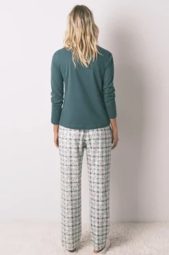 Pantal&oacute;n largo franela estampado cuadros verde