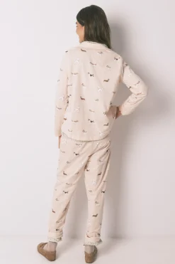 Pijama camisero largo 100% algod&oacute;n estampado rayas y perritos