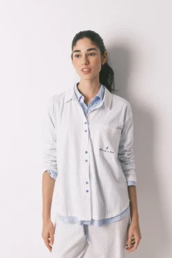 Pijama camisero largo 100% algod&oacute;n blanco rayas