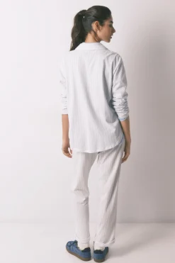 Pijama camisero largo 100% algod&oacute;n blanco rayas