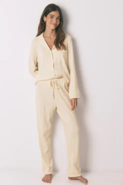 Pijama camisero largo algod&oacute;n canal&eacute; amarillo