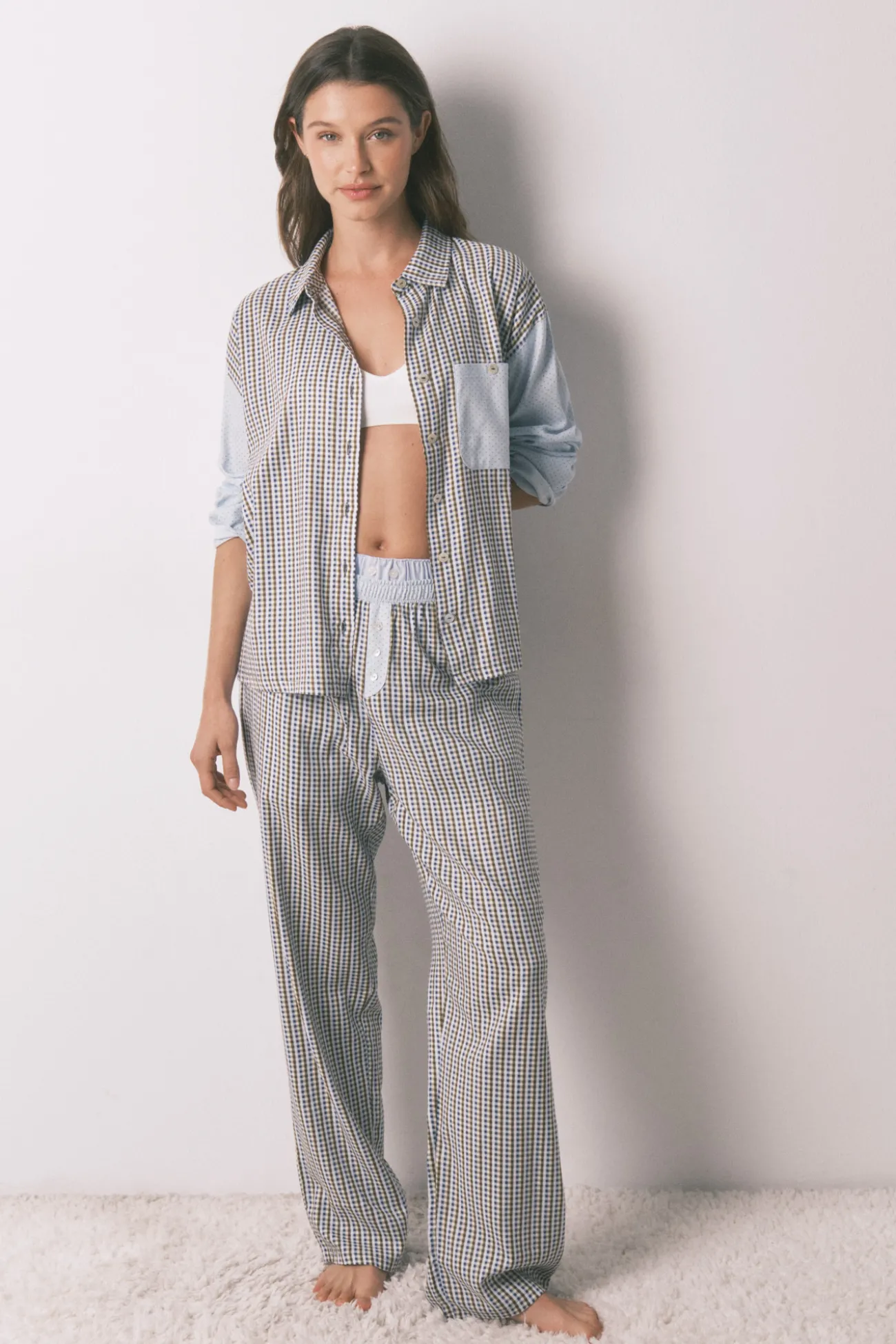 Pijama largo camisero cuadros y topos